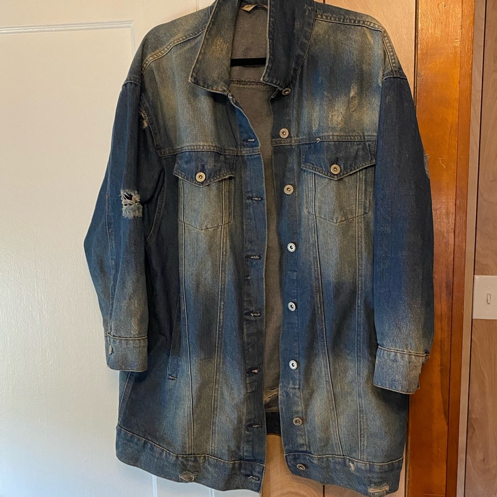 Distressed long jean jacket